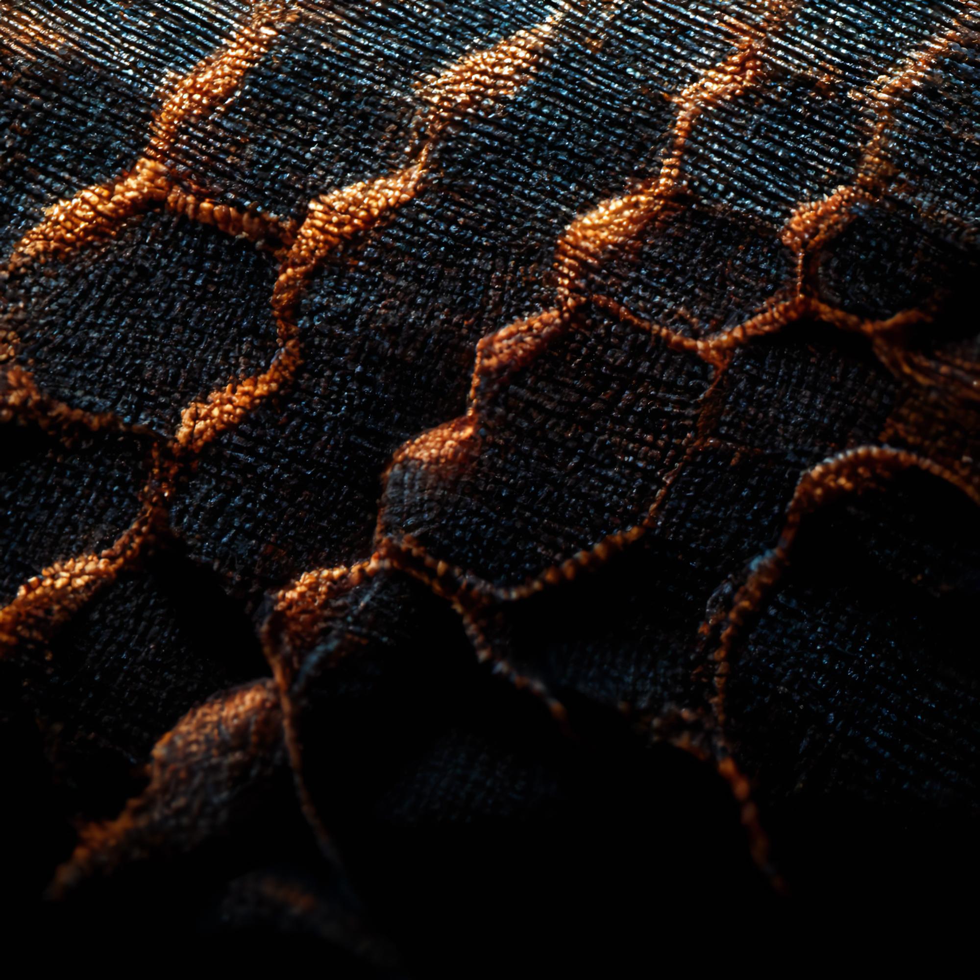 Close-up of gold thread detail on black fabric